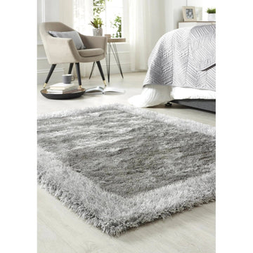 Shimmer Sparkle Soft Plain Silky Fine Yarn Polyester Shaggy Border Silver Rug-Origins-Rug Love - The Most Loved Rug Store